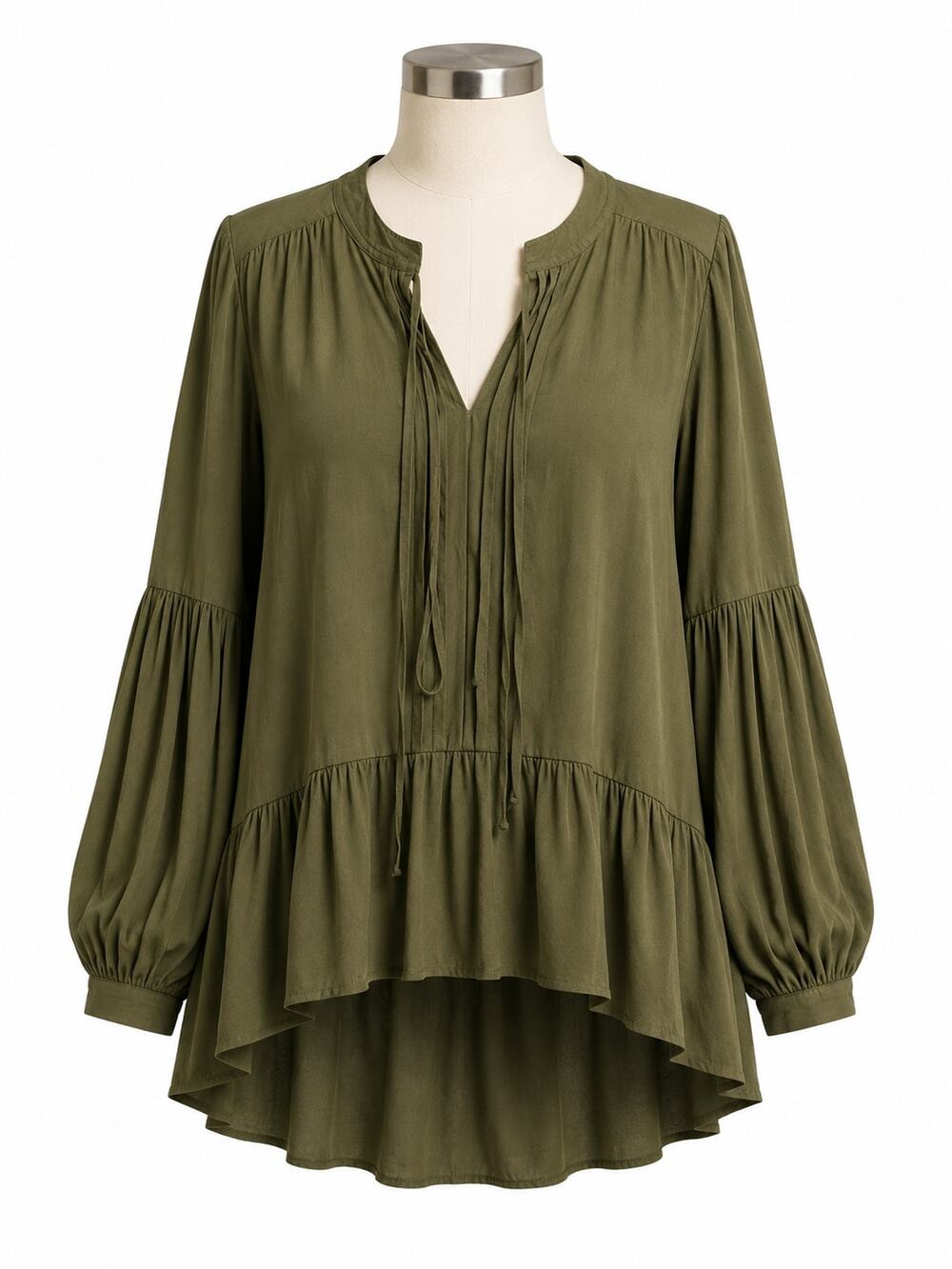 Ro & De Olive Green Balloon Sleeve Boho Peasant Tunic Top - Size M
